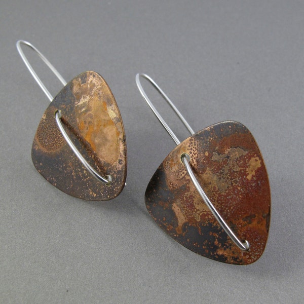 STERLING SILVER  BRASS earrings patinated oxidized triangle loop modern contemporary long elegant wire nickel free No.00E105