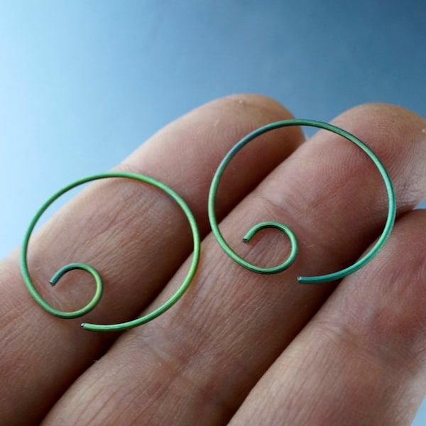 green TITANIUM HOOP EARRINGS | spiral hoop | titanium wire  sensitive ears | choose size and color | Cecile Stewart Jewelry Etsy No.00E88