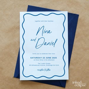 Curvy Wedding Invitation | Wavy Border Wedding Invite | Modern Retro Design | Editable Canva Template | Printable Download