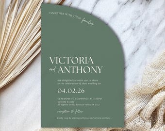 May include: A green wedding invitation with white text. The invitation reads "Together with their families, Victoria and Anthony are delighted to invite you to share in the celebration of their wedding on 04.02.26. Ceremony to commence at 3:30PM, Valente Estate, 85 Vigneto Drive, Barossa Valley SA 5352. Reception to follow. Kindly RSVP by visiting withjay.com/victoria-anthony."