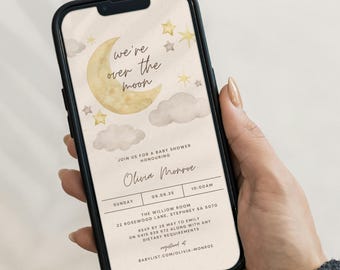 Over the Moon Baby Shower Invitation: Celestial Canva Template (Instant Download)