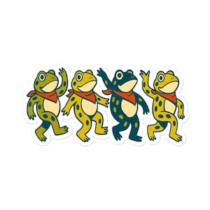 May include: A sticker featuring four cartoon frogs in a row, each with a red bandana. The frogs are in shades of green, yellow, and navy blue, with black spots. They are in a dancing pose.