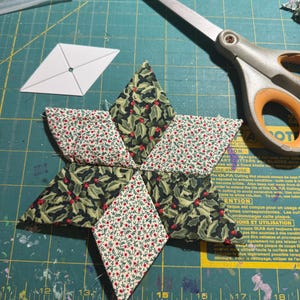 May include: A six-pointed star quilt block made from diamond-shaped fabric pieces. Three pieces feature a dark green holly leaf and red berry pattern, while the alternating three pieces feature a small red floral print on a white background.