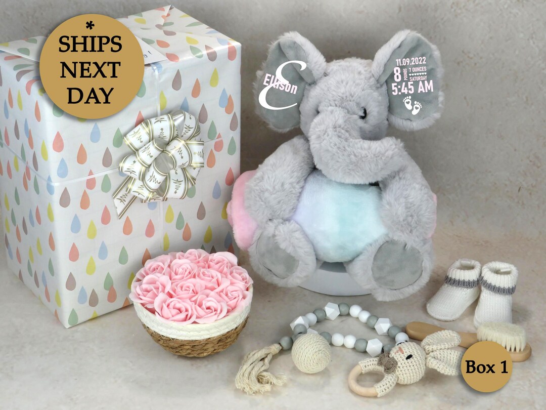 Adorable Baby Girl Gift Box With Organic Blanket Choice,plush Elephant ...