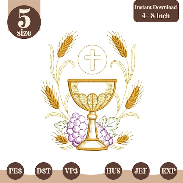 Erste heilige Kommunion Stickerei, Kelch Linie Kunst Katholisches Symbol, Eucharistie Religiöse Stickerei, Instant Download