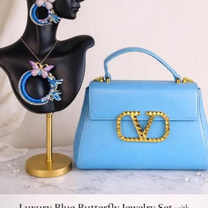 Luxury Blue Butterfly Jewelry Set with Matching Handbag | Statement Earrings | Glam Gift for Her