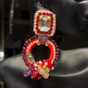 Luxury Red Statement Earrings – Handmade Beaded Hoop with Crystals & Pearls | Bold Glam Jewelry | Unique Artisan Earrings