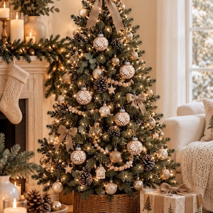 May include: A decorated Christmas tree in a woven basket base, featuring warm white string lights, beige burlap bows, wooden bead garlands, pinecones, and glass ornaments with white patterns. The text TALAVERARTE PUEBLA, MÉXICO is visible.