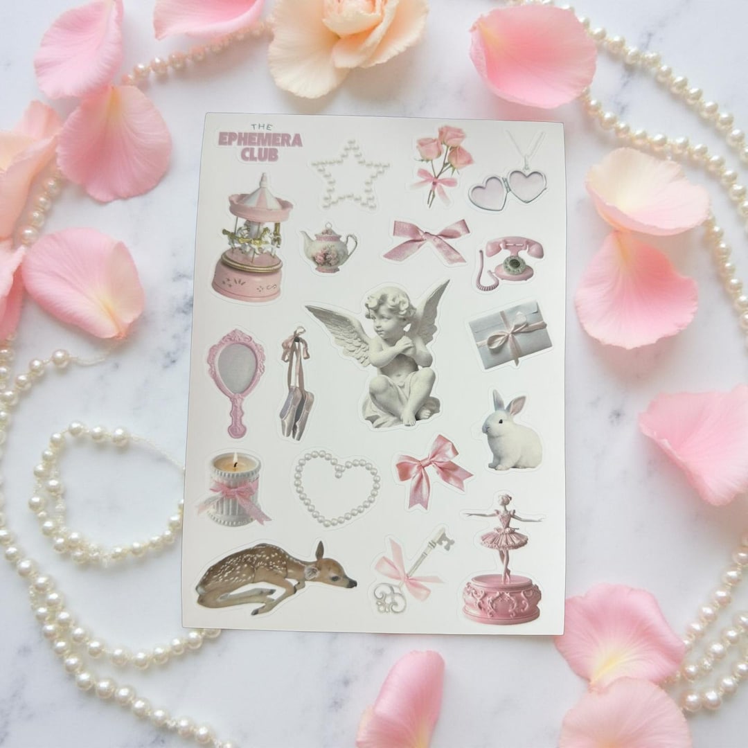Pink Coquette Sticker Sheet • Angelcore Ballet Stickers • Pastel Vintage Ephemera • Cherub, Carousel, Bunny, Bow & Pearl Stickers