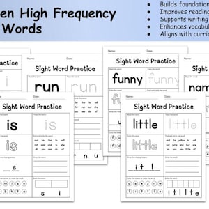 Op de afbeelding: Een verzameling witte werkbladen voor het oefenen van veelvoorkomende woorden in de kleuterschool. Elk blad bevat een woord zoals "i", "run", "is", "funny", "little" en "name", met ruimte om te traceren, te schrijven en in te kleuren. De titel is "Kindergarten High Frequency Words".