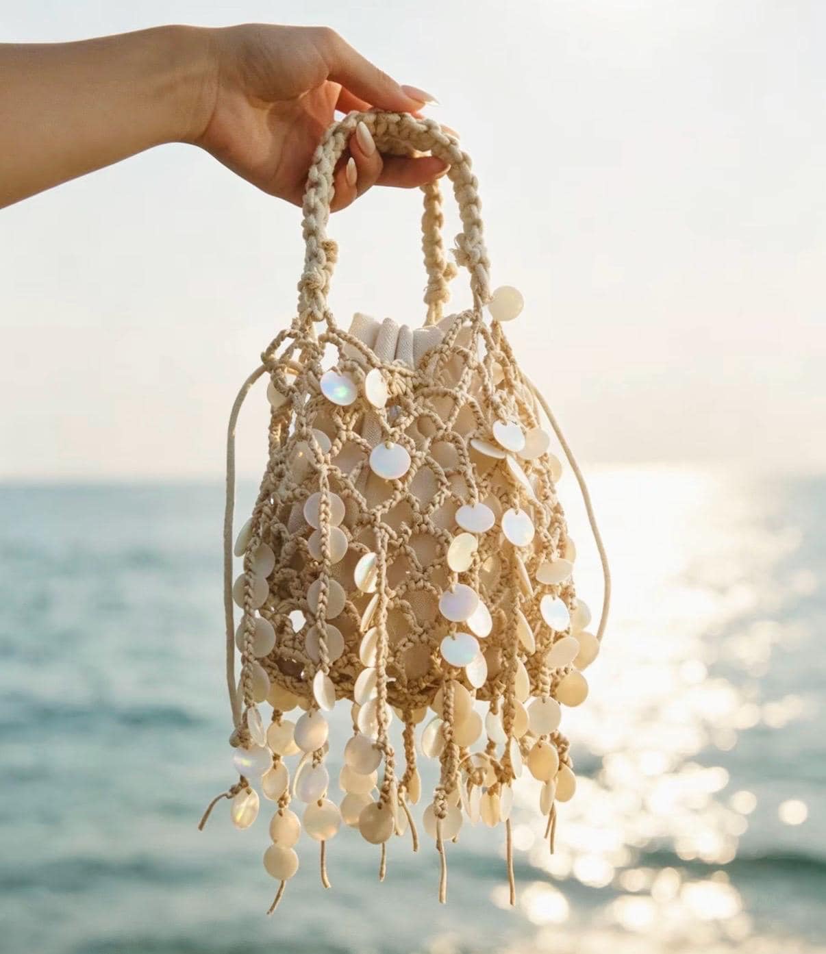 Handmade Crochet Woven Bag With Shell Tassels - Elegant Banquet