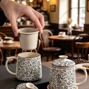 May include: Two ceramic mugs with a blue and white floral pattern, each featuring a matching lid and a removable tea infuser basket. The mugs have a curved handle and are set on a wooden coaster, displaying a detailed botanical print design.