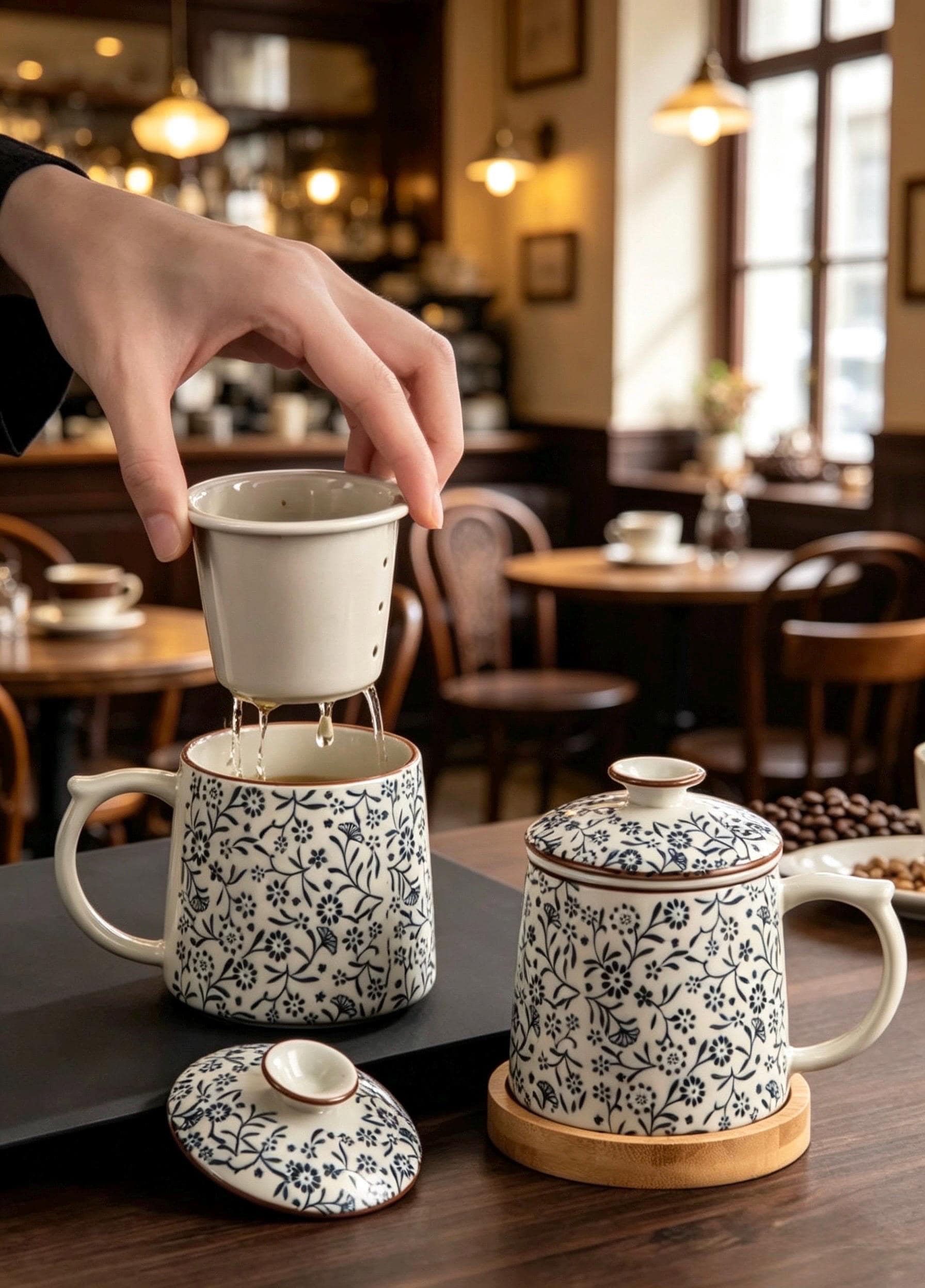 Teetasse mit deckel und sieb