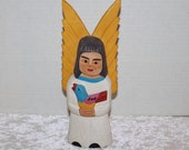 Vintage Mexican Folk Art Wood Carved Angel Holding Bird Mexico South America