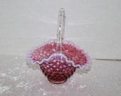Fenton Art Glass Cranberry Opalescent Hobnail Ruffle Basket