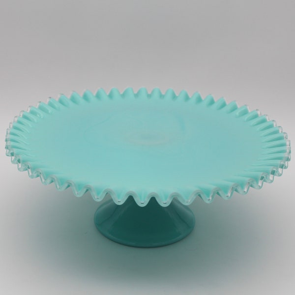 Beautiful Fenton Turquoise Blue Silver Crest Pedestal Cake Stand Plate Glass Crimped or Ruffle Edge