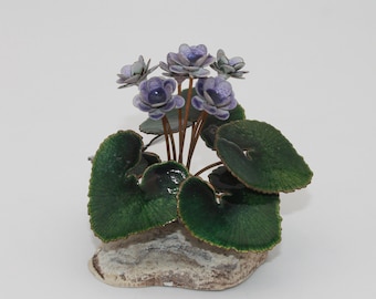 Vintage Copper Enamel Flowers on Rock Bovano of Cheshire Purple Flowers