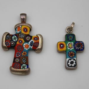 2 Vintage Millefiori Sterling Silver Cross Pendants Made in Italy 1 Large