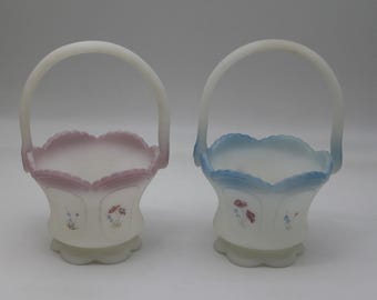Two Fenton Art Glass Satin Baskets Hand Painted Blue Pink