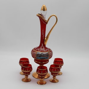 Vintage Venetian Murano Red Glass Decanter and 5 Glasses Pitcher Ewer Tre Fuochi Hand Painted OOAK