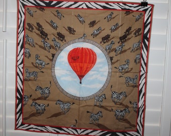 Vintage Wathne Safari Scarf Hot Air Balloon Zebras 100% Cotton