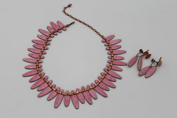 Vintage Matisse Copper and Pink Enamel Necklace a… - image 1