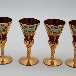 4 Vintage Venetian Murano Red Gold Cordial Stem Glasses Hand Painted Applied Flowers Tre Fuochi