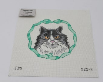 EBS Handpainted Needlepoint Canvas Black White Long Hair Kitty Cat Teal Ribbon Frame Hand Painted