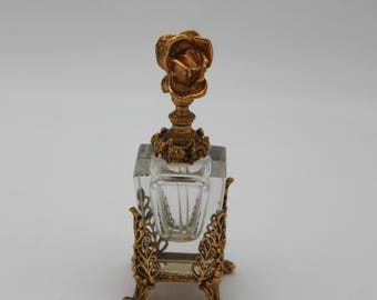 Vintage Vanity Gold Ormolu Stylebuilt Footed Perfume Bottle Rose
