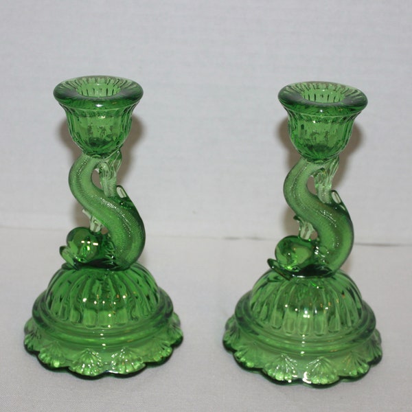 2 Heisey Animal and Figurines Petticoat Dolphin Candlesticks Moongleam Green Matching Pair Candle Holder Candleholder Cupped Base