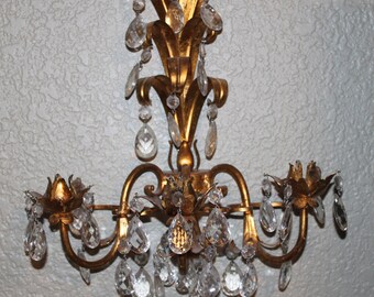 Vintage Metal Candleholder Wall Sconce Candle Holder Crystal Prisms Gold Gilt Hollywood Regency 3 Arm