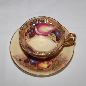 Aynsley England Gold Orchard Tea Cup and Saucer Signed N. Brunt
