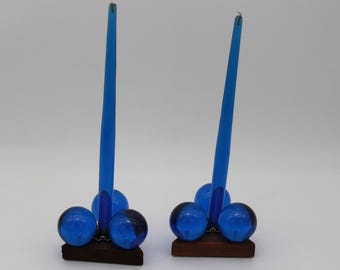 Pair of Mid Century Lucite Blue Candles and Candle Holder Candlestick Balls
