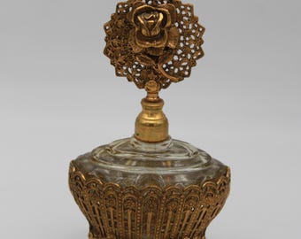 Vintage Vanity Gold Ormolu Footed Perfume Bottle Globe 24kt Gold Plated