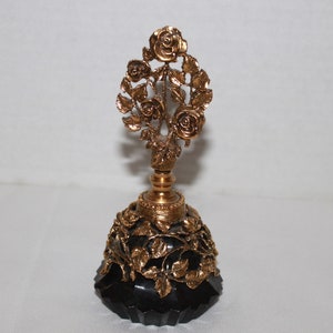 Vintage Vanity Gold Ormolu Roses Perfume Bottle Black Glass Rare HTF