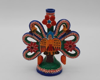 Vintage Clay Mexican Folk Art Angel Tree of Life Birds Flowers Candle Holder Single Candleholder