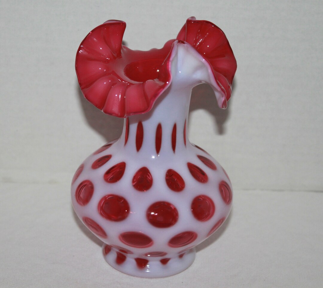 Fenton Art Glass Cranberry White Coin Dot Ruffle Vase 7 - Etsy