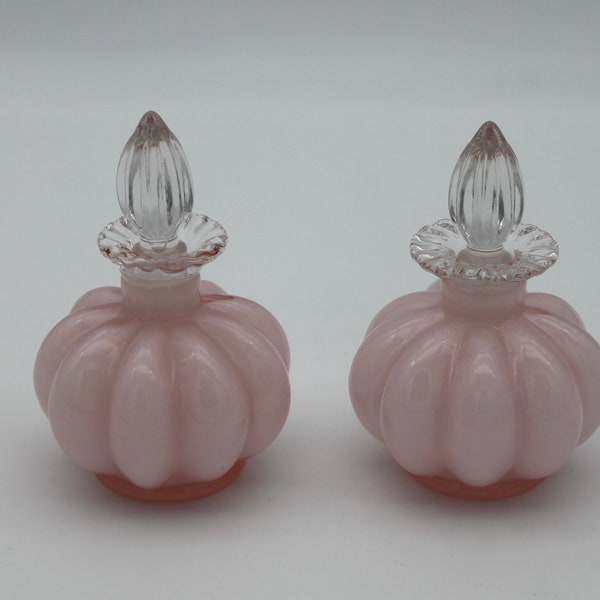 Pretty Vintage Fenton Art Glass Pink Melon Vanity 2 Perfume Bottles