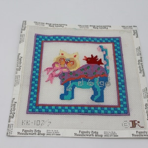 Renaissance Handpainted Needlepoint Needlework Canvas Cat with Bird Near Completed
