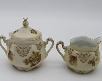 OHME Old Ivory Silesia Creamer and Sugar Bowl with Lid Roses