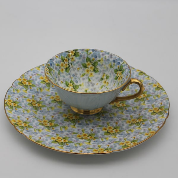 Shelley Tea Cup and 8 1/4" Salad Plate Primrose Chintz Oleander Made in England Bone China Gold Handle Teacup AS IS
