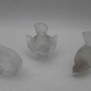 3 Lalique French Art Glass Birds Sparrow Preening Head Down and Wings Out