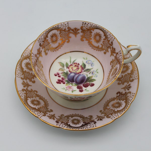 Paragon by Appointment Tea Cup and Saucer Pink with Gold Design and Fruit