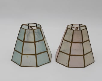 Pair Mid Century Capiz Shell Clip on Lamp Shades Small Pink Blue