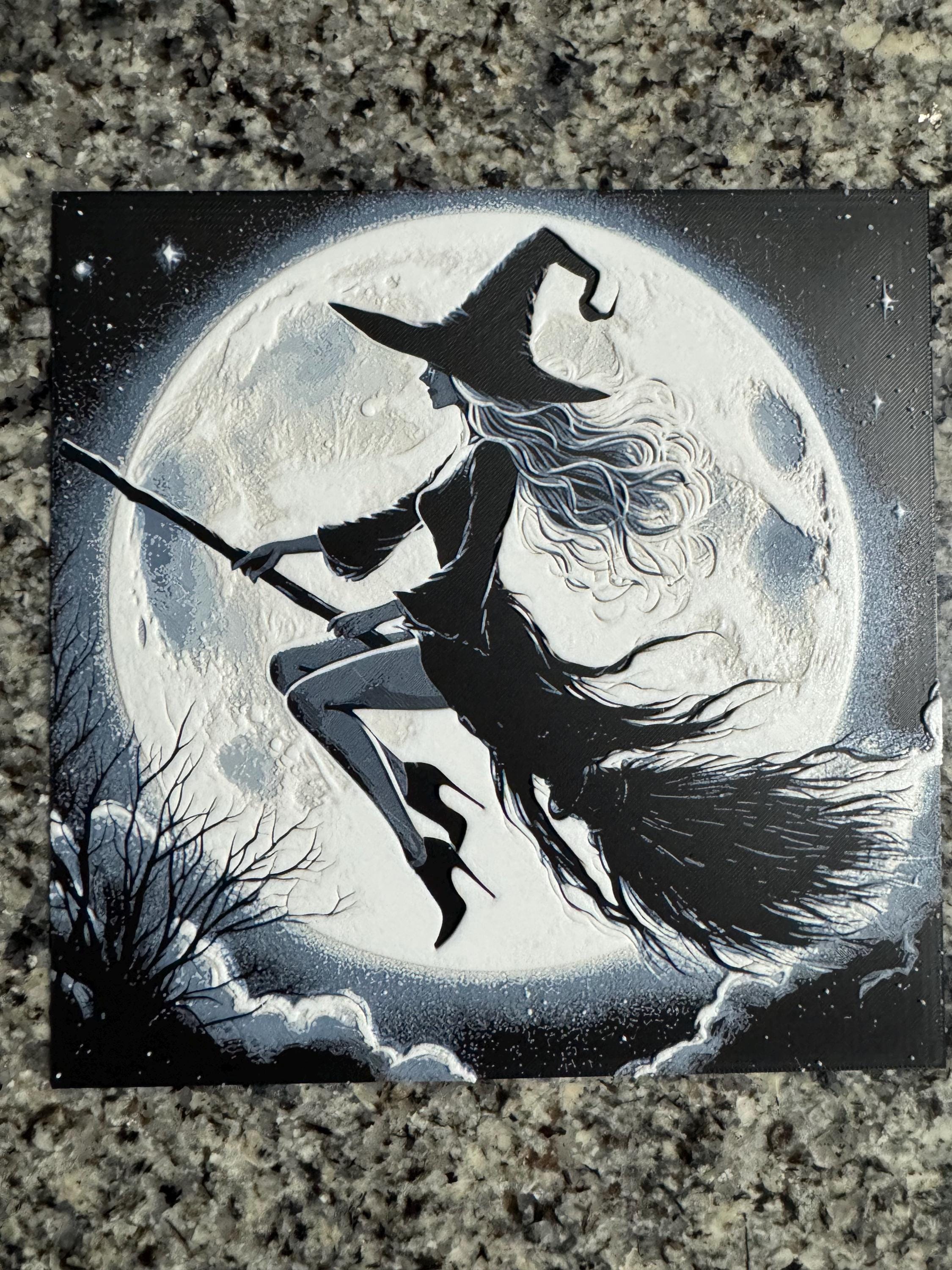 3D Witch Moon Print: Textured Halloween Wall Art (200mm)
