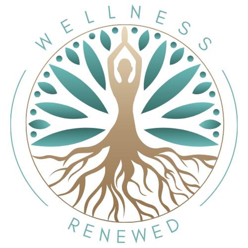 May include: A stylised image of a tree with roots, leaves, and a person in a yoga pose at the centre. The text "WELLNESS RENEWED" is below the tree. The tree is brown and the leaves are teal.