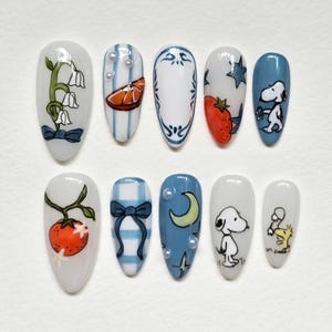 Hand-painted Cute Dog, Moon and Stars Press On Nails, Almond Nail Set, Cute Cartoon Nail, Funny Nails, Reusable Fake Nails for Comic Lovers.