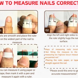 Puede incluir: Imagen instructiva titulada "C&Oacute;MO MEDIR LAS U&Ntilde;AS CORRECTAMENTE" con gu&iacute;as paso a paso. Muestra c&oacute;mo medir las u&ntilde;as con una regla o cinta m&eacute;trica y destaca los errores de medici&oacute;n comunes. La imagen incluye texto y diagramas.