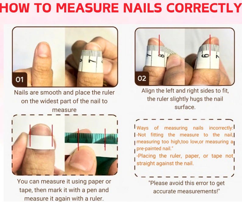 Puede incluir: Imagen instructiva titulada "C&Oacute;MO MEDIR LAS U&Ntilde;AS CORRECTAMENTE" con gu&iacute;as paso a paso. Muestra c&oacute;mo medir las u&ntilde;as con una regla o cinta m&eacute;trica y destaca los errores de medici&oacute;n comunes. La imagen incluye texto y diagramas.