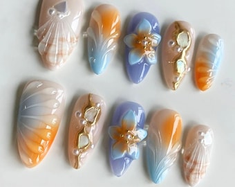 Summer Press On Nails, Handmade Beach Nail Art with Shells, Flowers, Pearls, Ocean Almond Nails, Vacation Nail Set, Holiday/Party Nails.